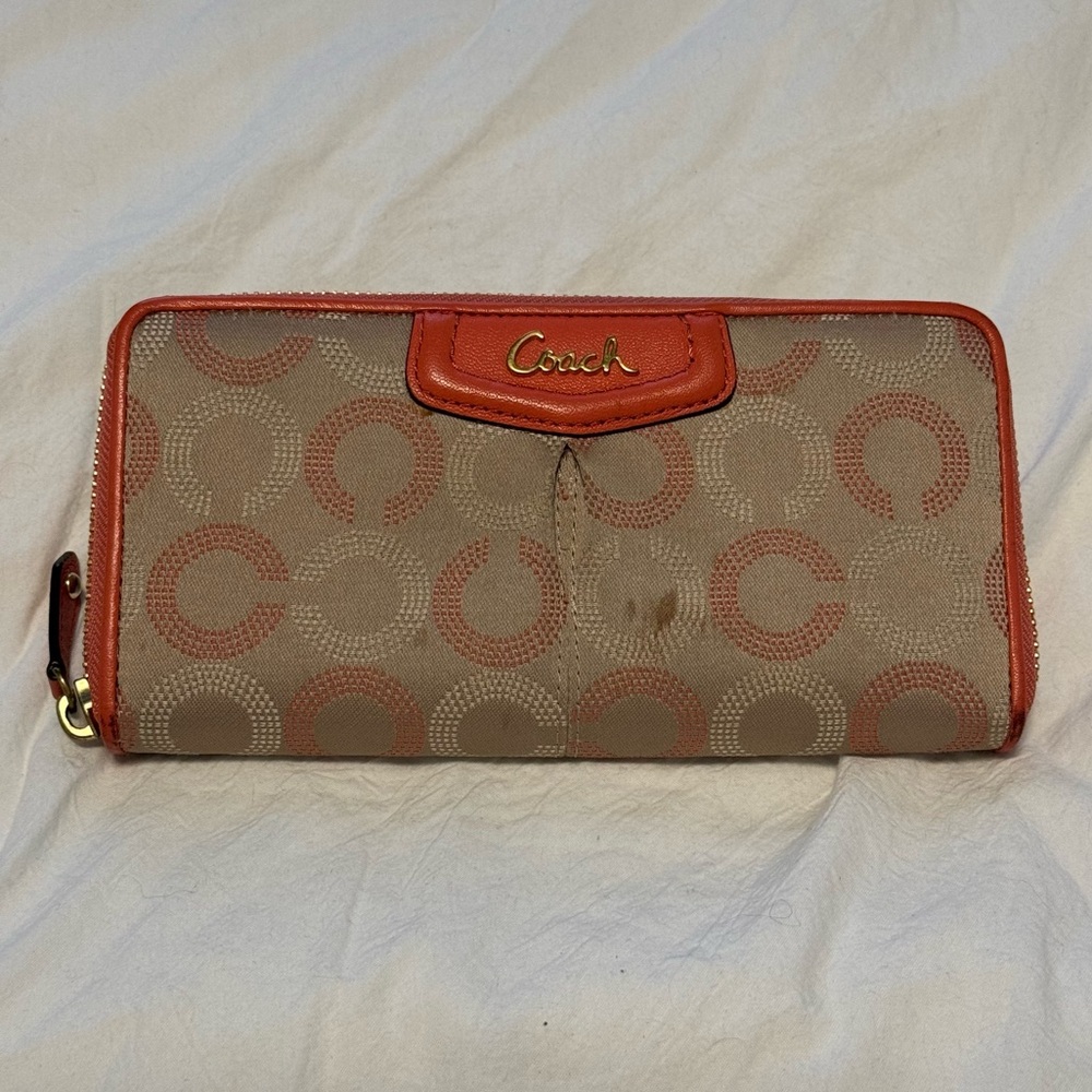 Vintage Coach Wallet pink and tan monogram print wrap around zipper